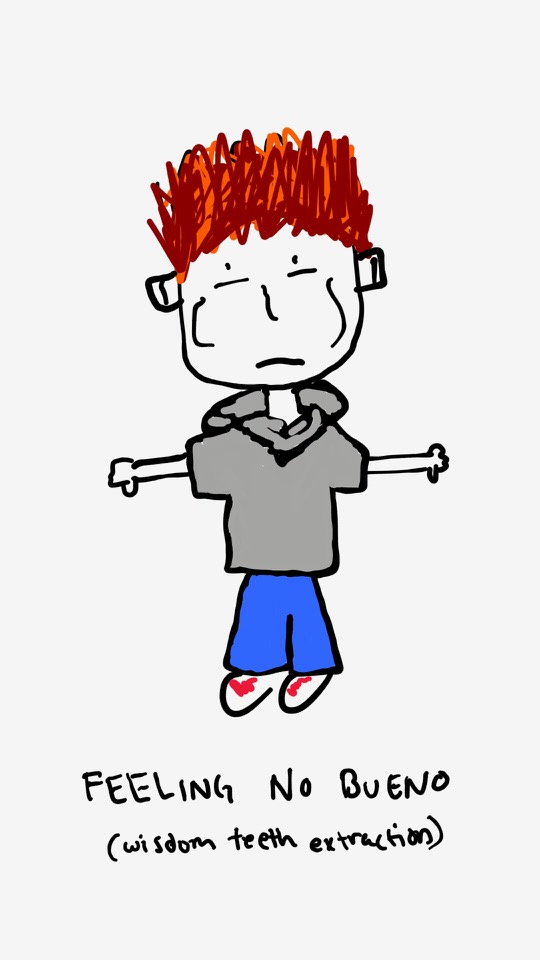 One panel comic. The jock is shown with his flaming orange hair and swollen cheeks. He is wearing a gray short sleeve hooded sweater. He has blue pants and white shoes with orange red laces. The caption says Feeling No Bueno. Then in parenthesis it says Wisdom Teeth Extraction. Additional commentary starting now.