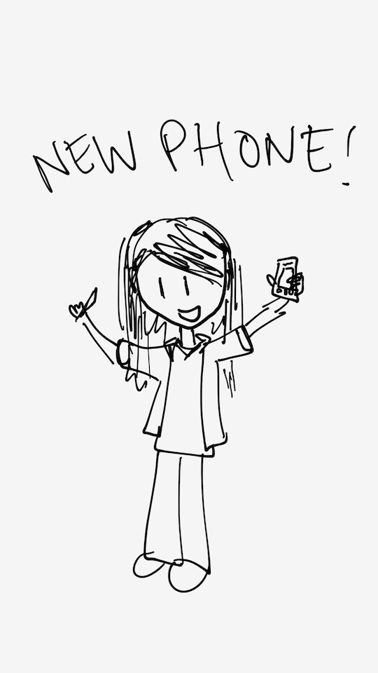 One panel comic. A girl, Diana, stands holding out a phone in her left hand and a stylus pen in the right. She is smiling. She has long hair with bangs that sweep to the left side. She is wearing a tshirt, hoodie and pants. The caption says New Phone. Additional commentary starting now.