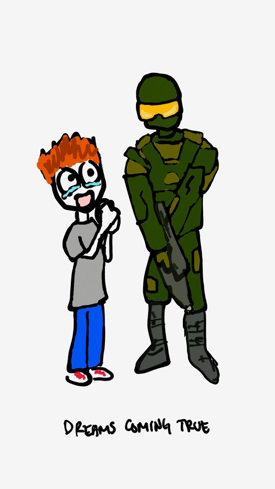 One panel comic. Some guy, a jock, is standing with tears in his eyes. His arms are clasped together against his chest. Next to him is a model of Master Chief from the Halo series. The caption below says Dreams Coming True. Additional commentary starting now.