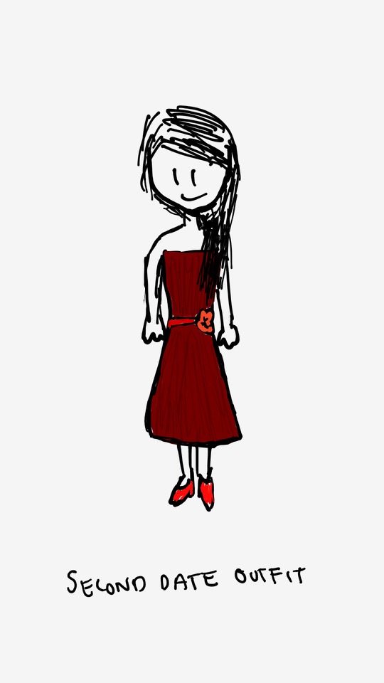 One panel comic. Diana is seen wearing a strapless maroon dress that has a ribbon across the waist. There is a flower on the left hip. There is a slight darker red striped pattern that ever so slightly textures the dress. She is wearing red heels. Her long hair hangs over to the left shoulder. The caption is Second Date Outfit. Additional commentary starting now.