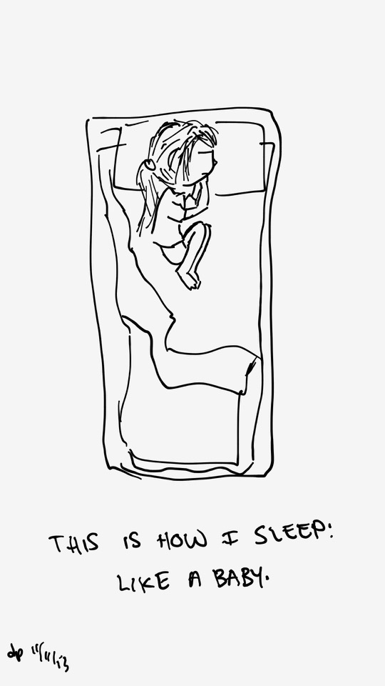 One panel comic. Diana is sleeping in bed. It was actually a couch. Her head in on a pillow. She is sleeping on her left side with her hands tucked under her head. Her knees are pulled up near her stomach. The blanket is pushed to the side. The caption says This is how I sleep. Like a baby. Additional commentary starting now.