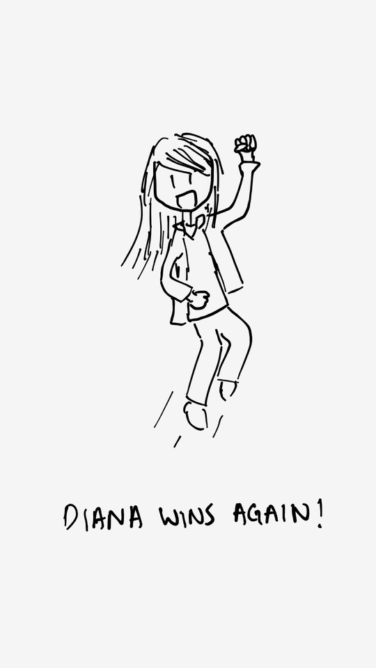 One panel comic. Diana is seen jumping with one first triumphantly punching the air. The caption reads Diana wins again! Additional commentary starting now.