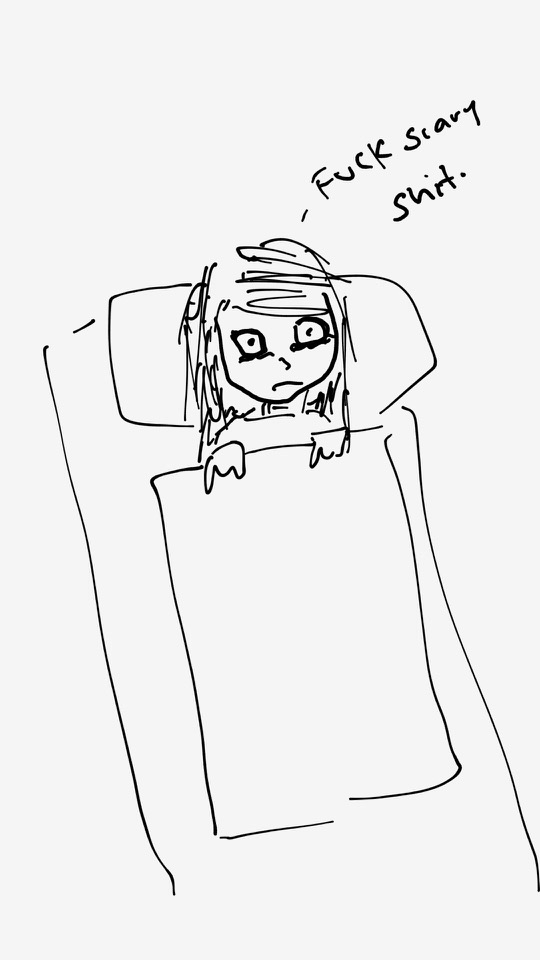 One panel comic. Diana is in bed. A blanket is covering her up to her chest. Her hands peek up from the top of the blanket. Her eyes are staring at an abyss. Dark circles circle her eyes. A caption says Fuck Scary Shit. Additional commentary starting now.