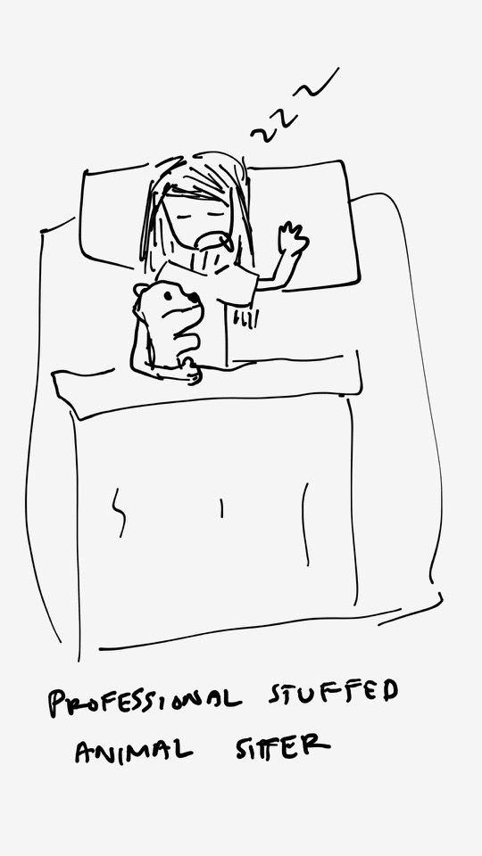 One panel comic. Diana and Rex are taking a nap. The caption says Professional stuffed animal sitter. Additional commentary starting now.