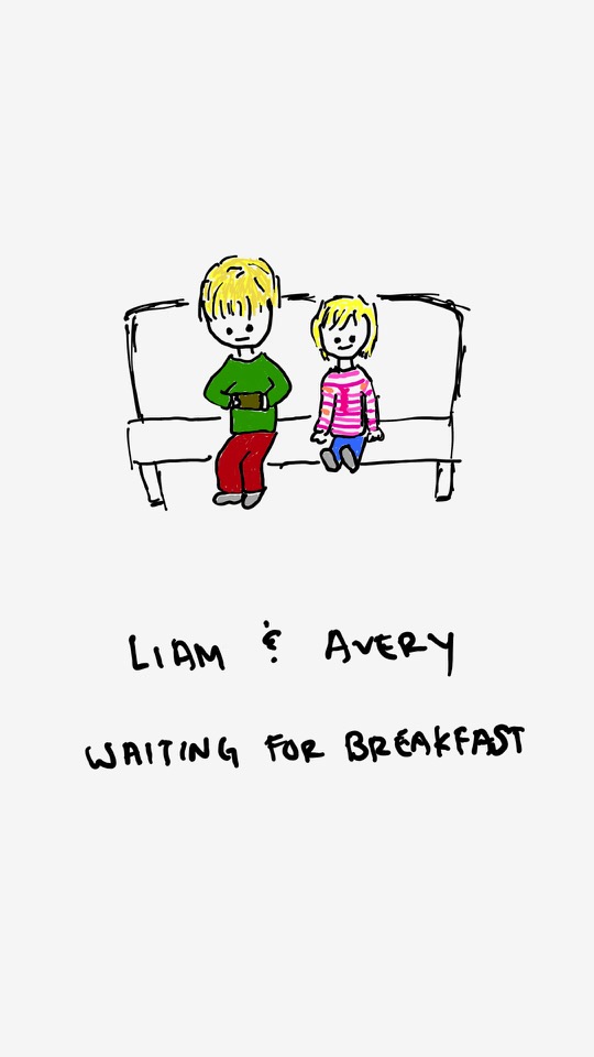 One panel comic. Two kids sitting on a bench. One young boy playing with a phone device. The other younger girl sits smiling. The caption says Liam and Avery waiting for breakfast. Additional commentary starting now.