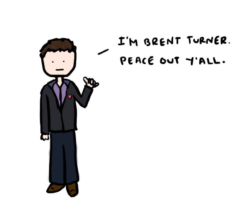 One panel comic. There is a gentleman standing in a suit with a little red pin on the left lapel. He is making a rock and roll hand gesture signal thing. He says I'm Brent Turner. Peace out y'all. This is in reference to how he was leaving a company and working elsewhere. Additional commentary starting now.